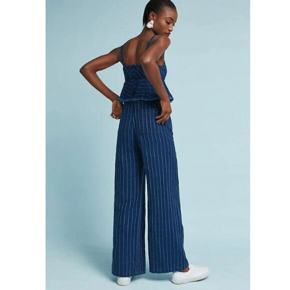 Anthropologie Denim Jumpsuit Womens Blue Sleeveless Peplum Ruffled Striped Long - Picture 9 of 9